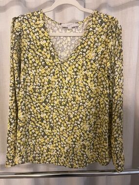 LOFT Yellow and Olive Green Floral V-Neck Long Sleeve Blouse